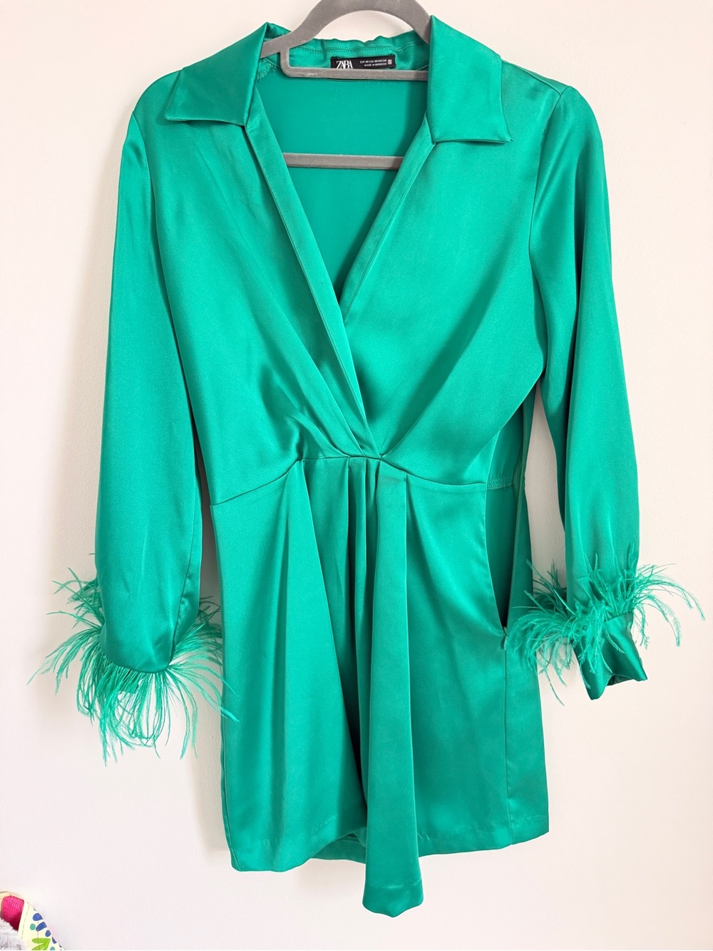 ZARA Teal Satin V-Neck Romper with Feather Cuffs